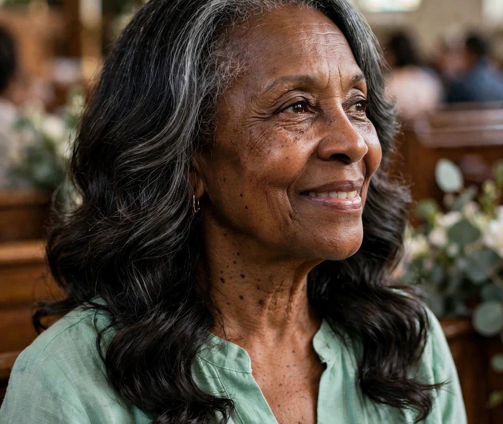 Black woman in her early sixties with body-waved shoulder-length layers at a Sunday church service