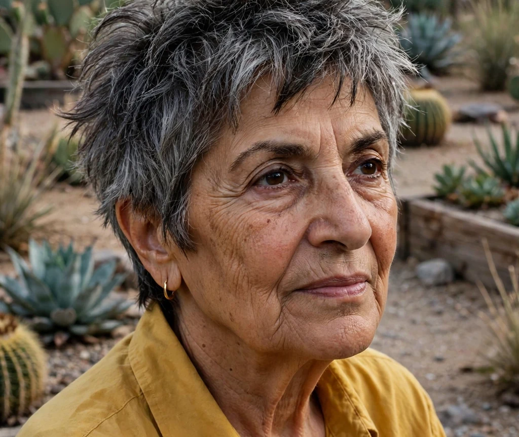 Middle Eastern woman in her late sixties with a choppy textured crop with tousled volume in a desert garden