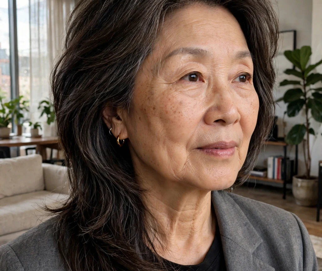 East Asian woman in her mid sixties with a voluminous asymmetric bob in a modern loft