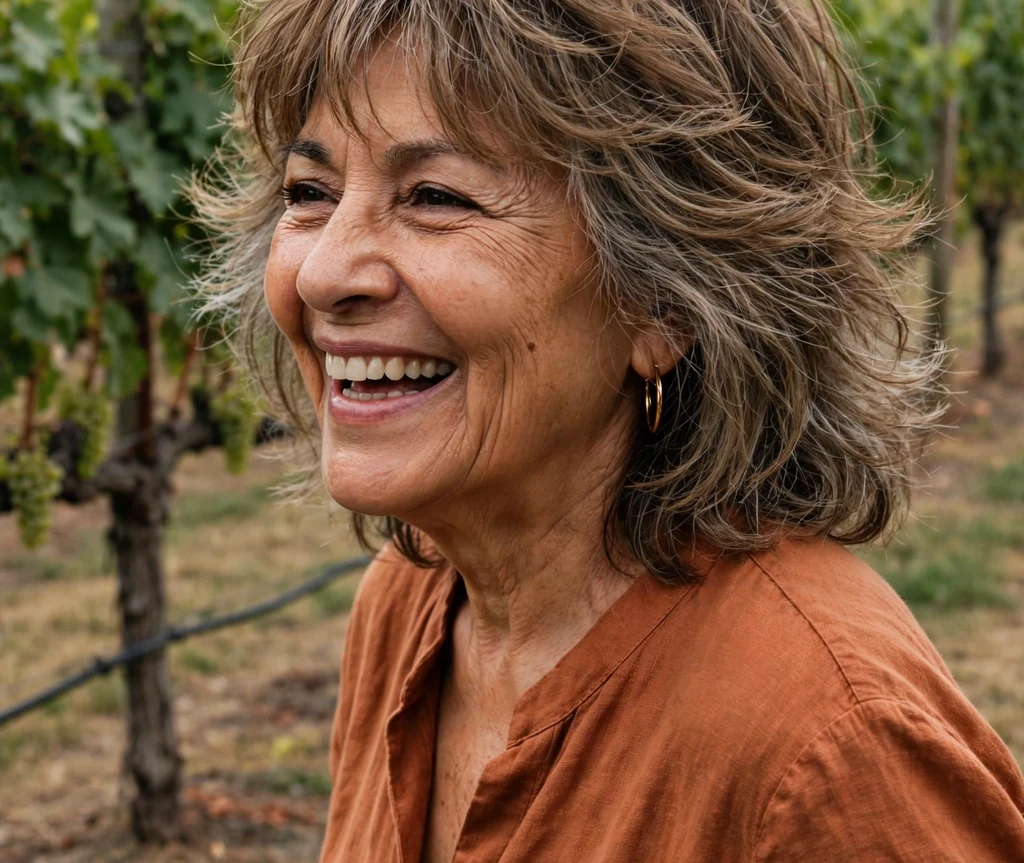 Latina woman in her early sixties with a feathered face-framing shag walking through a vineyard