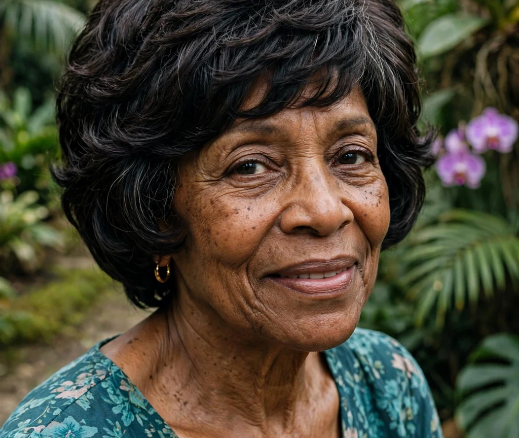 Black woman around seventy with a plush pixie-bob with long pixie layers in a botanical garden
