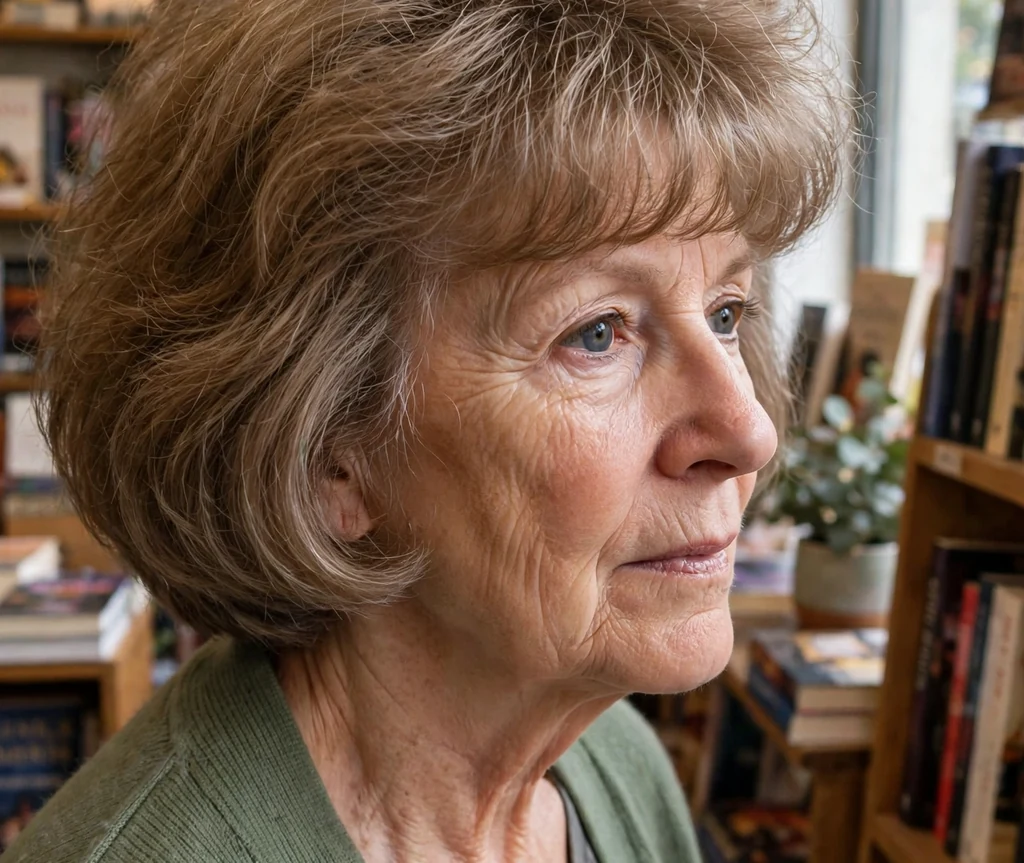 White woman in her early sixties with a lifted-bangs bob with airy fringe in a bookshop