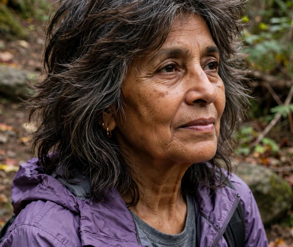 South Asian woman in her mid sixties with a full-bodied wolf cut with shaggy layers on a hiking trail