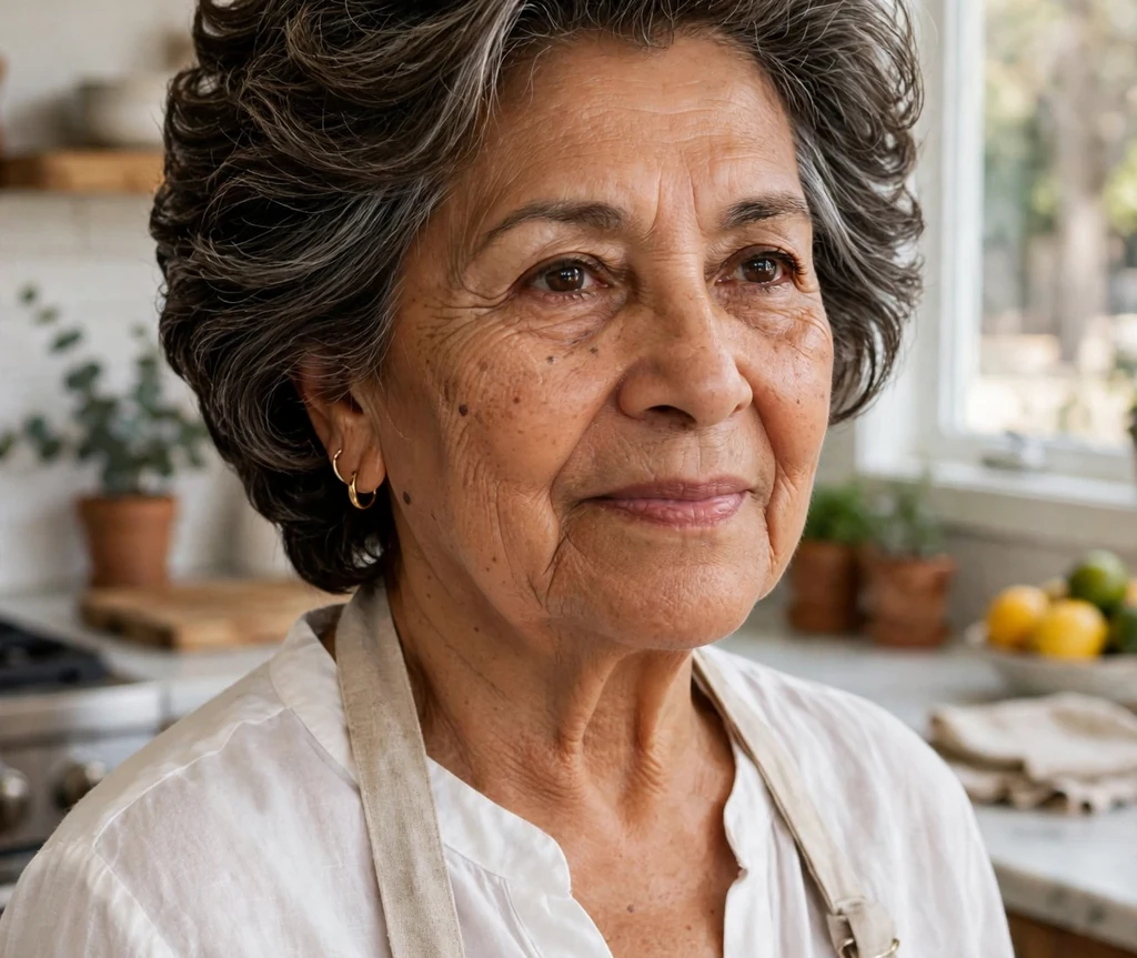 Latina woman in her late sixties with a classic stacked wedge with graduated back layers in a home kitchen