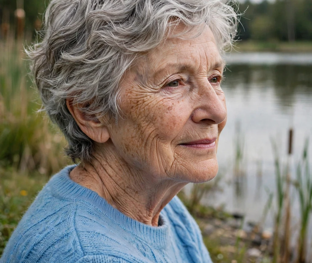 White woman around seventy-one with an air-dried wavy pixie with natural lift by a lakeside