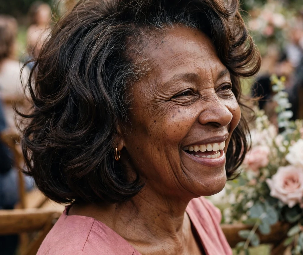 Black woman in her mid sixties with a backcombed-crown lob with teased roots at a wedding celebration