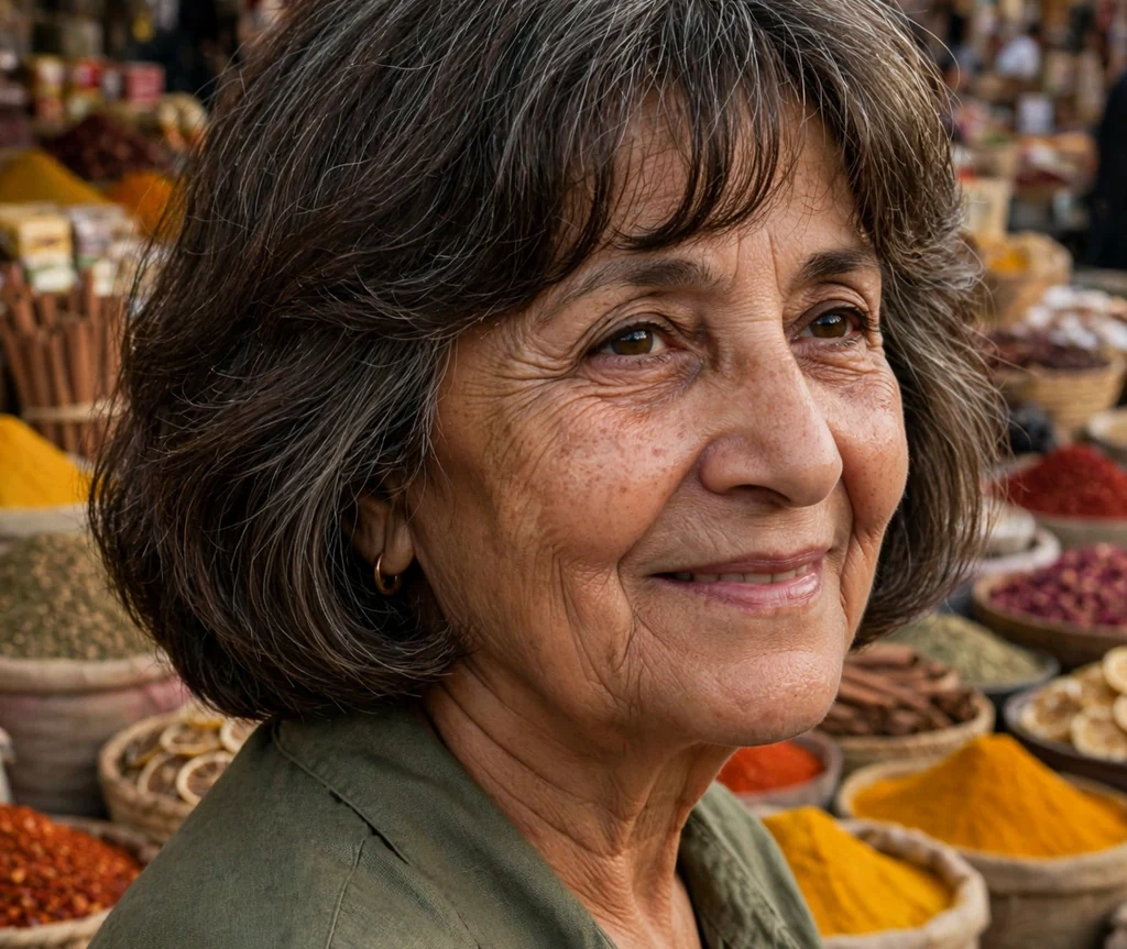 Middle Eastern woman in her early sixties with a rounded layered bob with curtain fringe at a spice market
