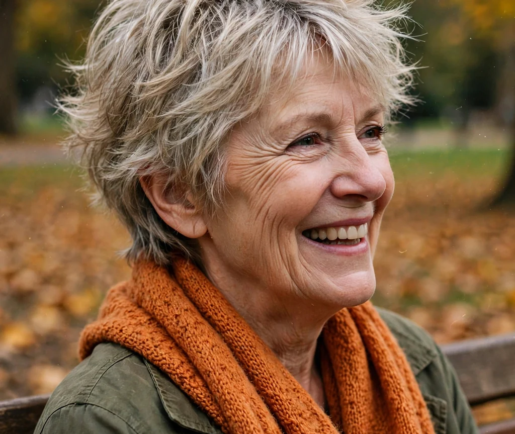 White woman in her mid sixties with a tousled feathered crop with airy layers on a park bench