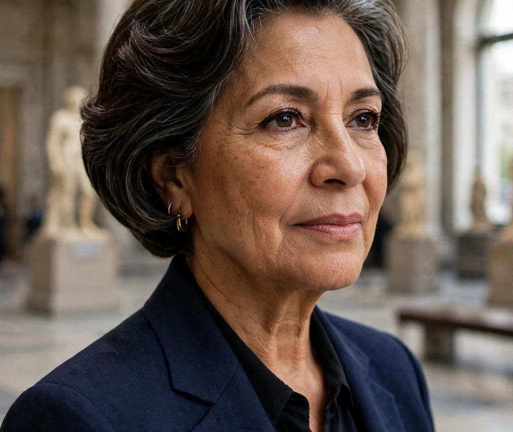 Latina woman in her mid sixties with a sculpted short bob with polished volume in a museum lobby