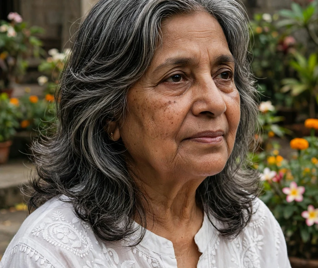 South Asian woman in her late sixties with a light layered midi cut with gentle volume in a temple garden