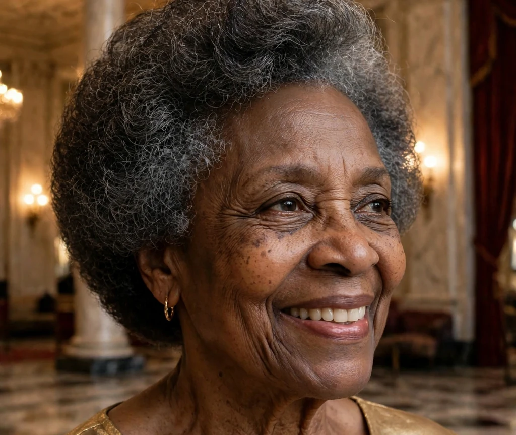 Black woman in her late sixties with a volume-boosted ear-length crop in a concert hall lobby