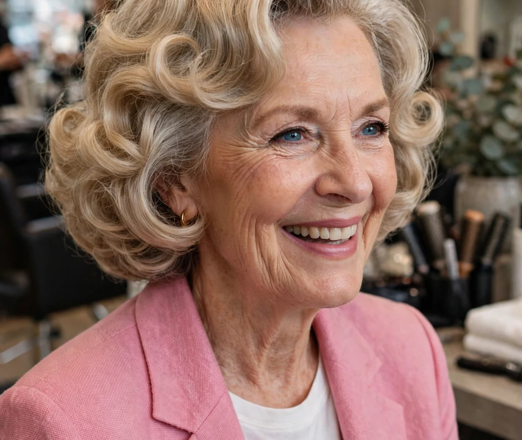 White woman in her early sixties with a big bouncy roller-set bob at a beauty salon event