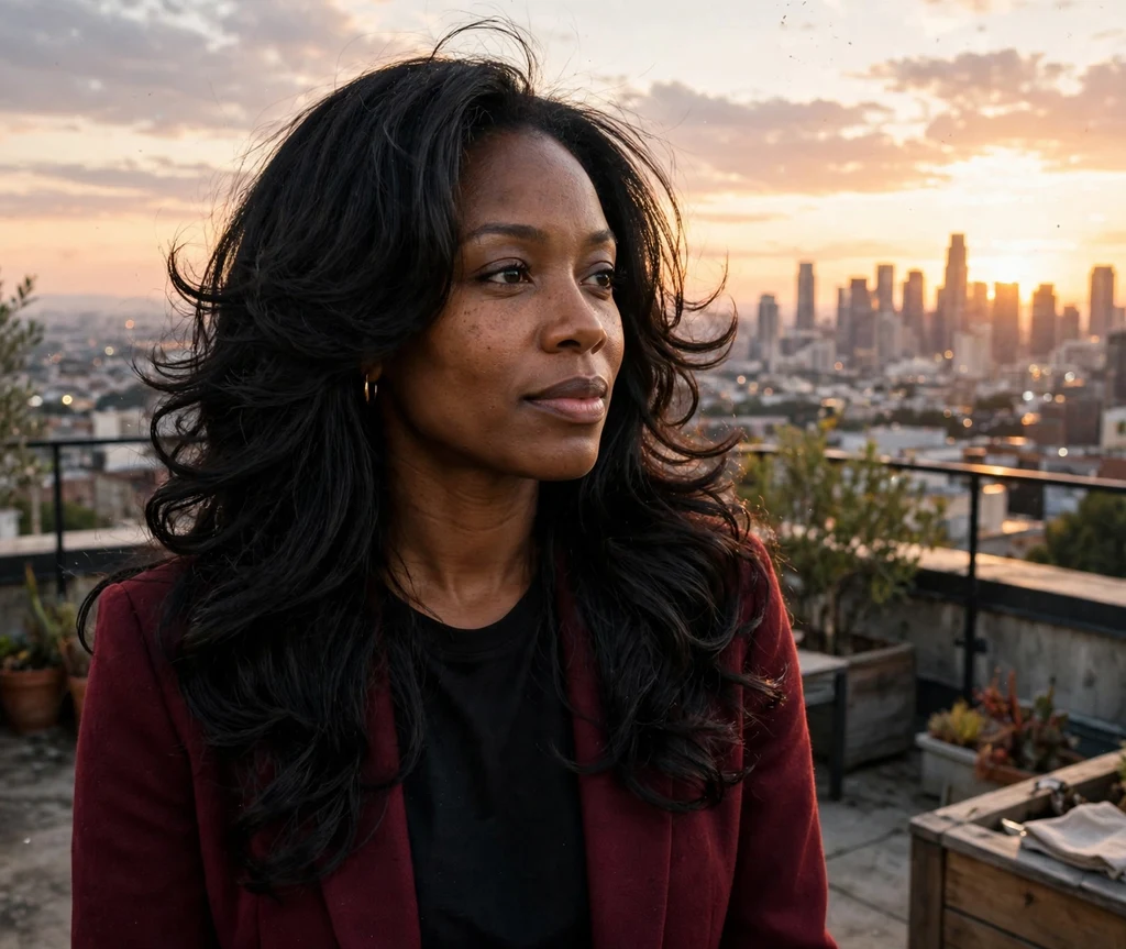 Black woman in her mid 30s with long bouncy butterfly layers on a rooftop terrace