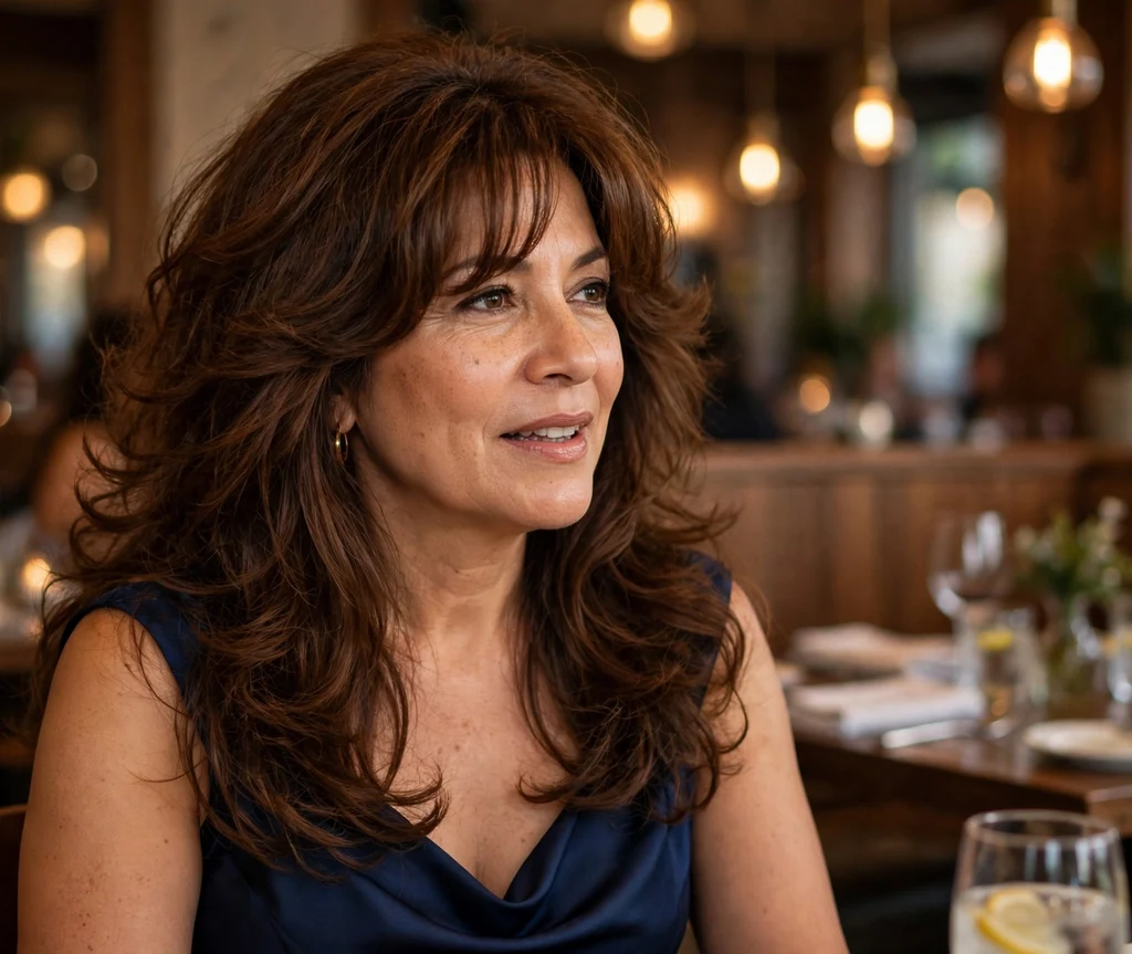 Latina woman in her late 40s with face-framing long layers and curtain bangs at a restaurant