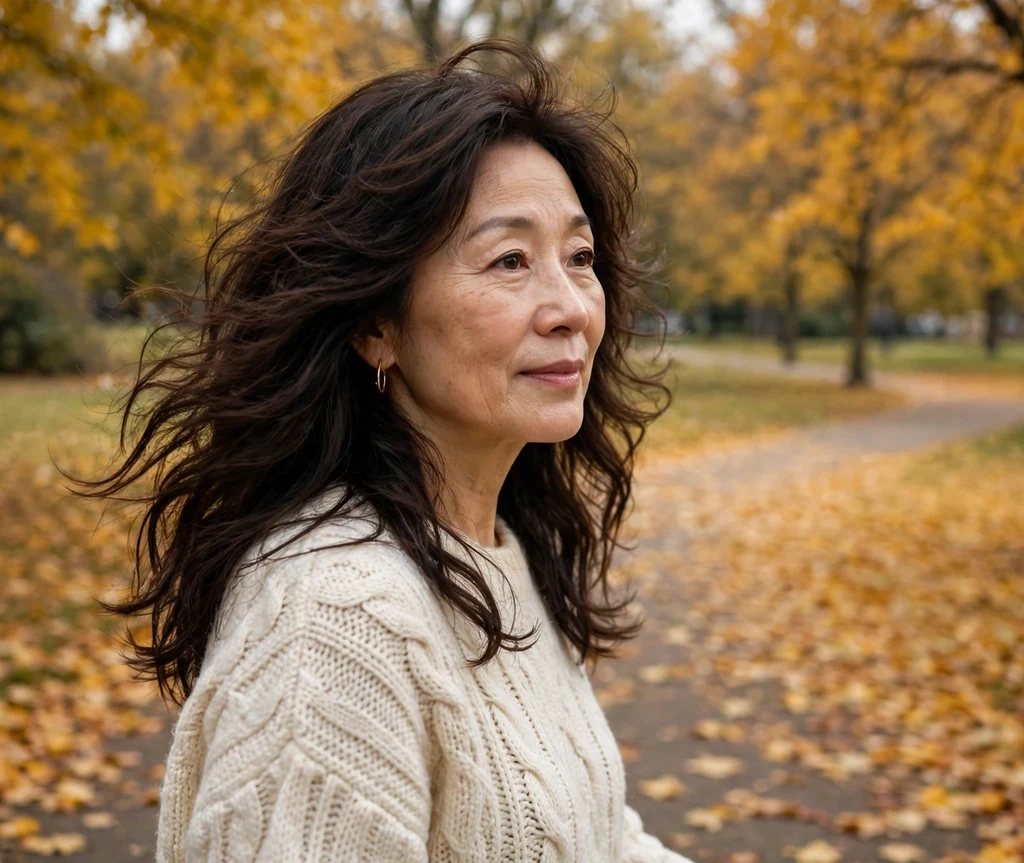 East Asian woman in her early 50s with soft textured waves and airy long layers in an autumn park