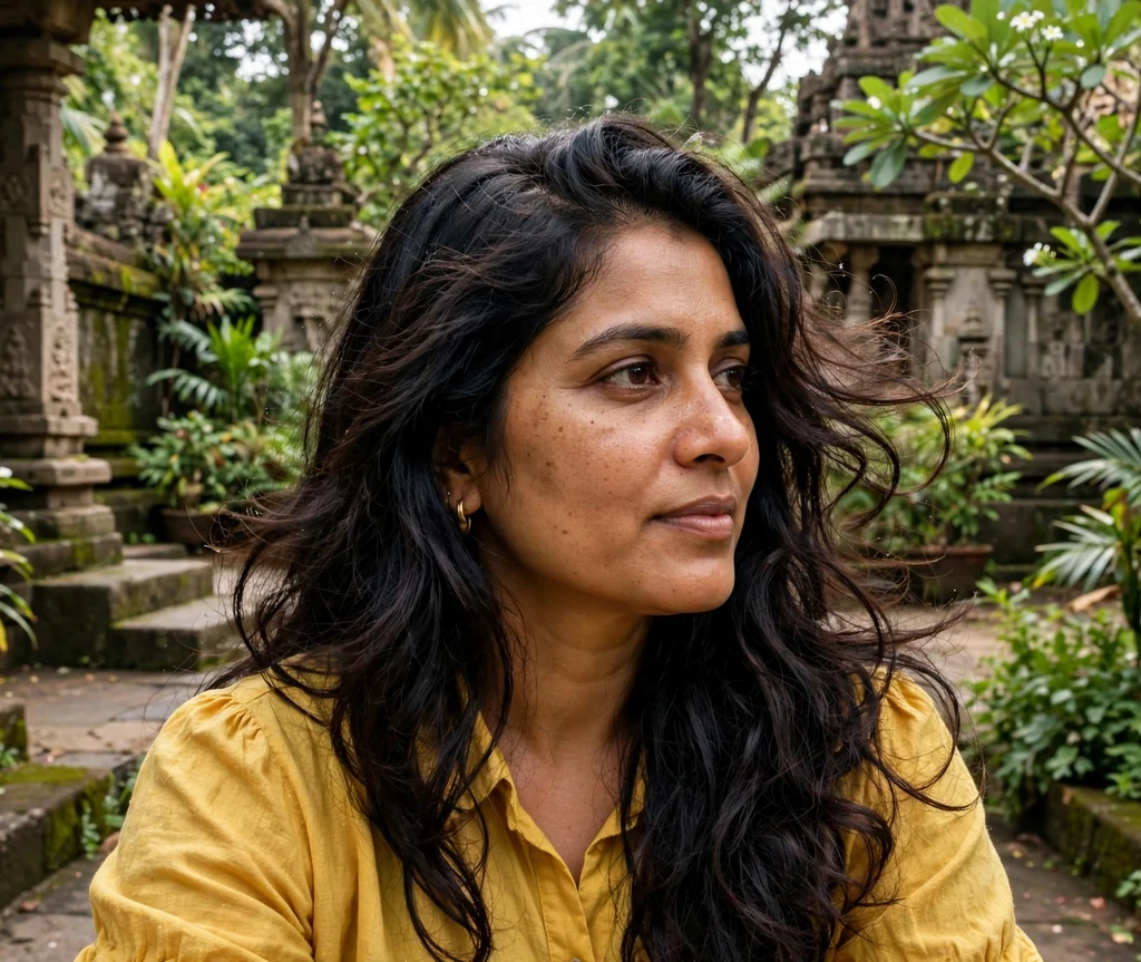 South Asian woman in her mid 30s with long textured layers and a side part in a garden