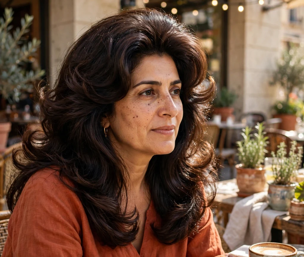 Middle Eastern woman in her early 40s with a long blowout with flipped ends on a cafe terrace