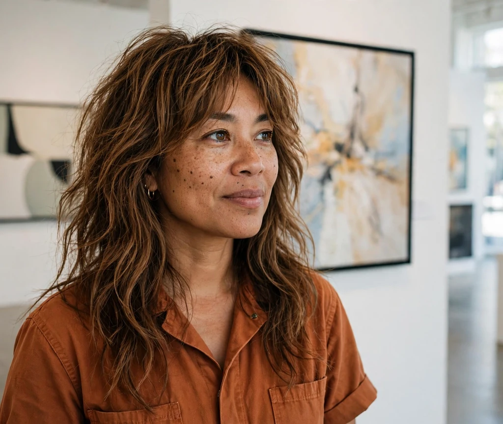 Mixed-race woman in her late 30s with long shag-inspired layers in an art gallery