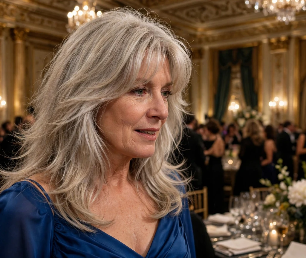 Woman in her mid 50s with feathered long layers and curtain fringe at a ballroom gala