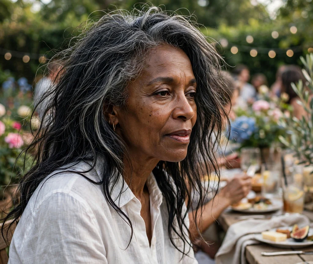 Black woman in her early 60s with long tousled air-dried layers at a garden party