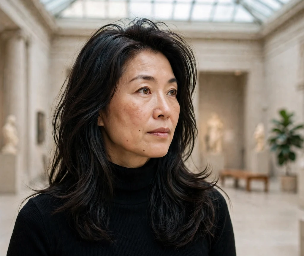 East Asian woman in her mid 40s with long layered hair and a deep side sweep in a museum