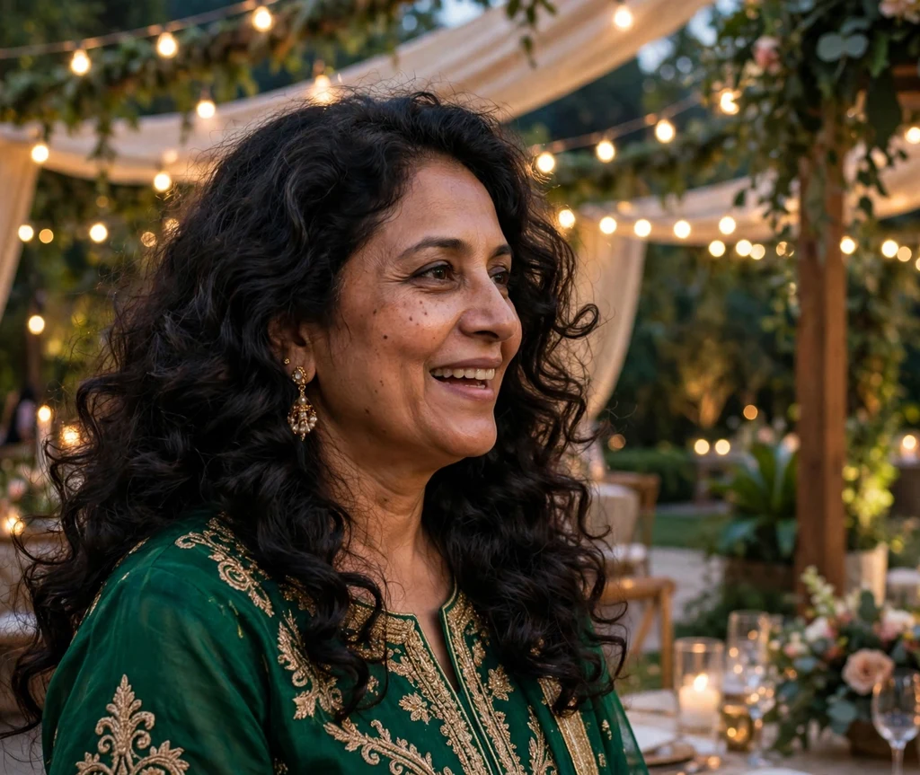 South Asian woman in her early 50s with a long voluminous barrel-curl blowout at an evening celebration
