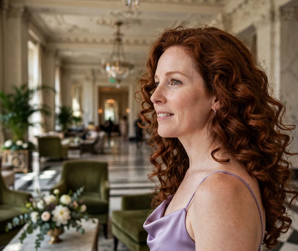 Woman in her late 30s with long bouncy auburn curls in a hotel lobby