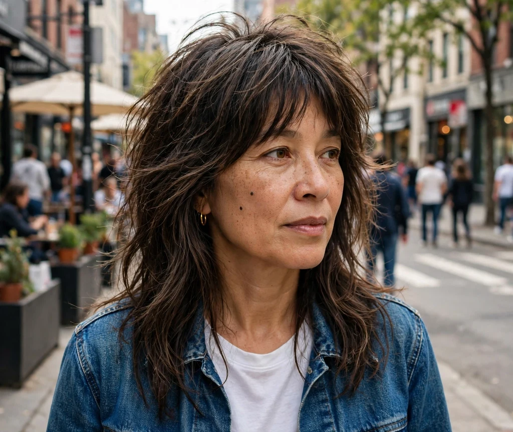 Mixed-race woman in her early 40s with long wolf-cut inspired layers on a city street