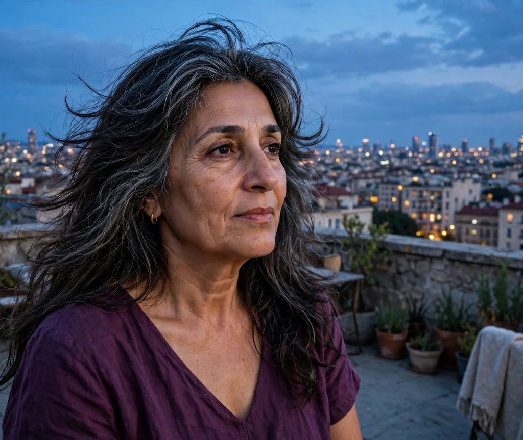 Middle Eastern woman in her mid 50s with long point-cut textured layers on a rooftop