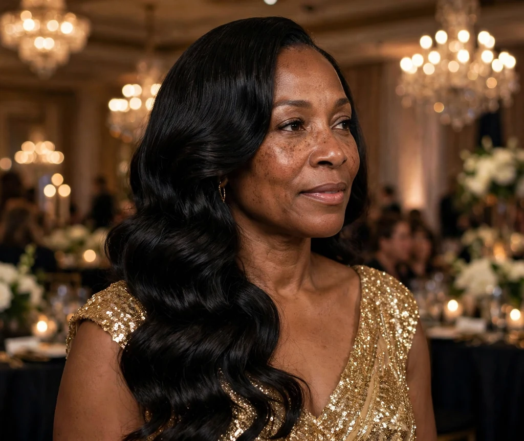 Black woman in her mid 40s with long glamorous Hollywood waves at a charity gala