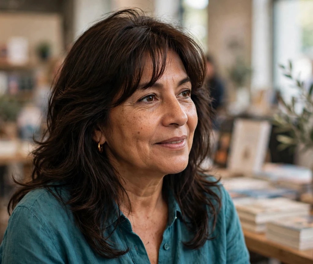 Latina woman in her mid 50s with long curtain-bang layers and crown lift at a book event