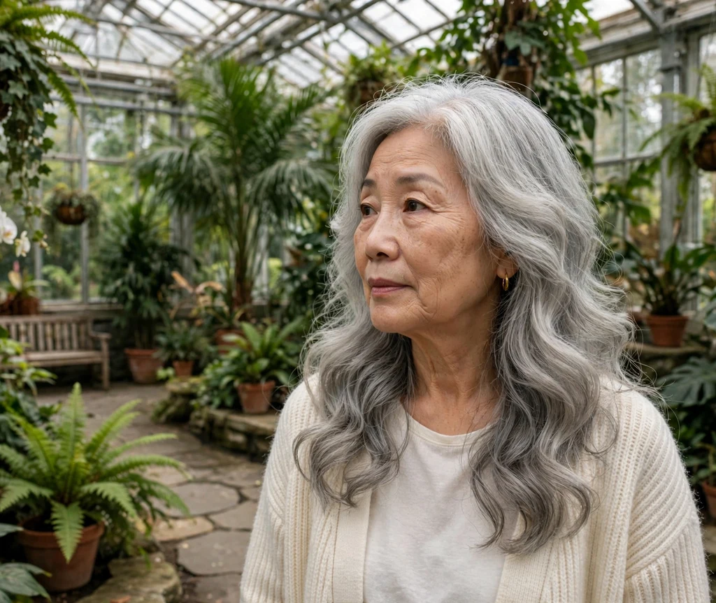 East Asian woman in her early 60s with long soft body waves in silver-gray hair in a botanical garden