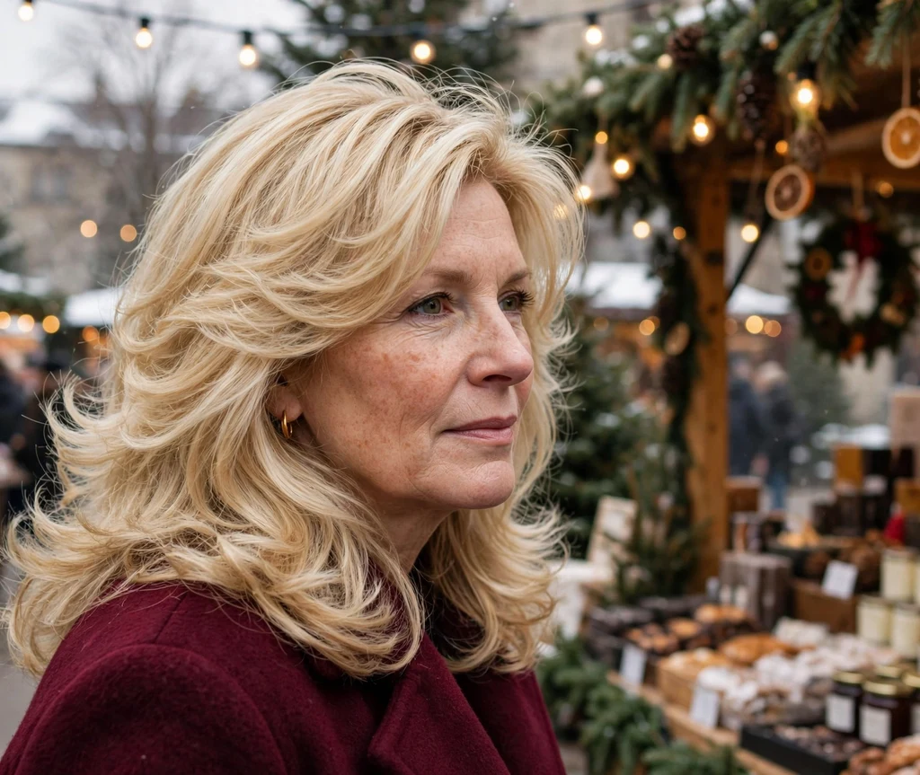 Woman in her early 50s with long rounded airy layers at a winter market