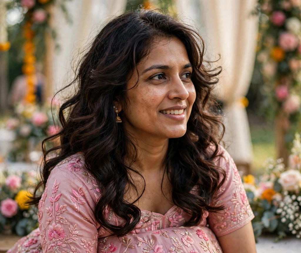 South Asian woman in her late 30s with long fluffy face-framing pieces at a wedding celebration