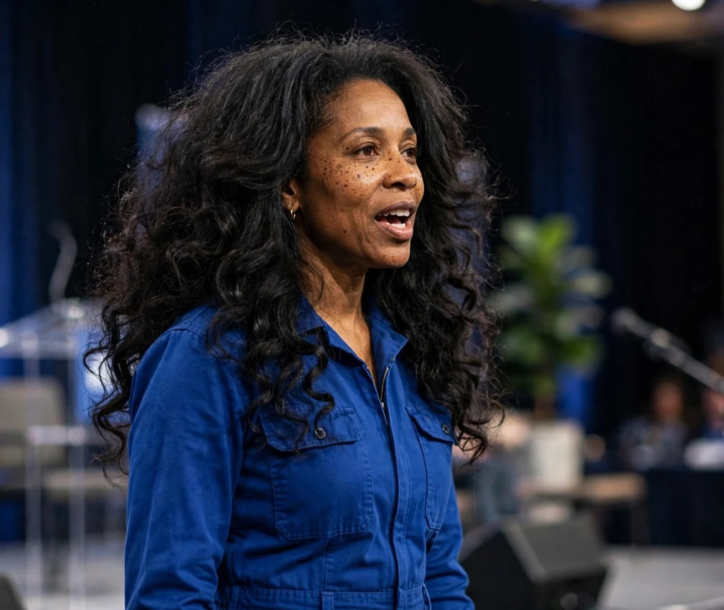Black woman in her early 40s with long U-shaped layered hair on a conference stage