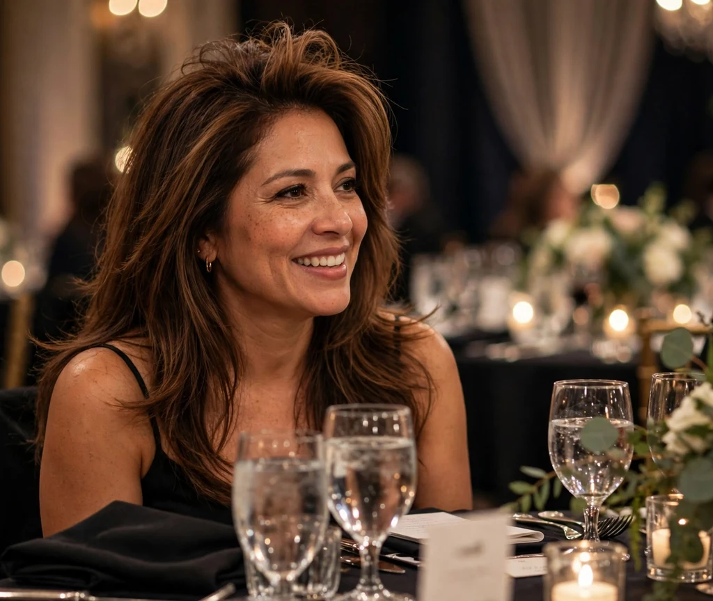 Latina woman in her early 40s with long layered hair and extra crown volume at a gala dinner