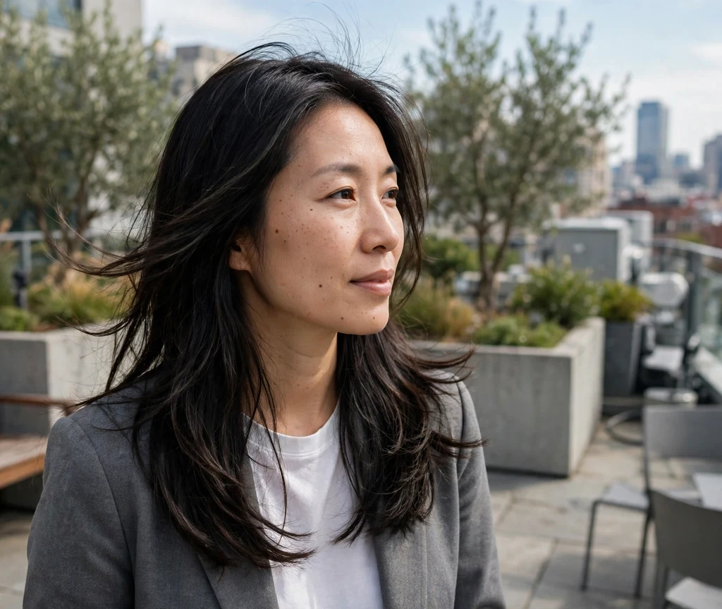 East Asian woman in her mid 30s with long subtly stacked layers on an office rooftop