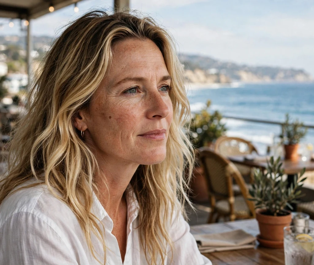 Woman in her late 40s with long beachy waves and textured roots at a seaside cafe