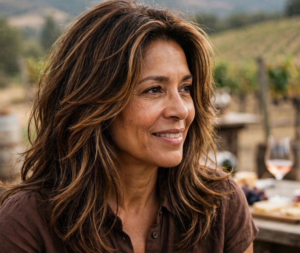 Mixed-race woman in her mid 50s with long layered hair and chunky face-framing highlights at a vineyard