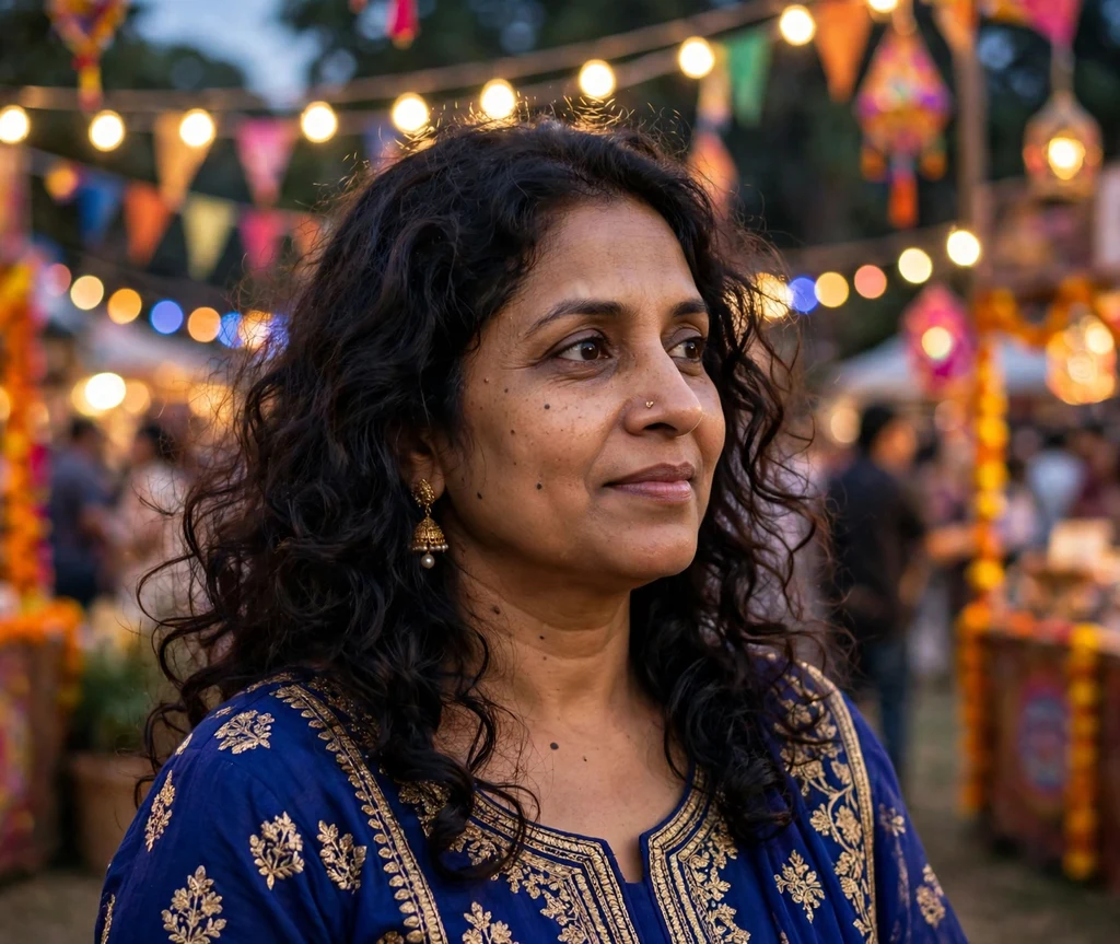 South Asian woman in her early 40s with long loose curls and layered volume at a cultural festival
