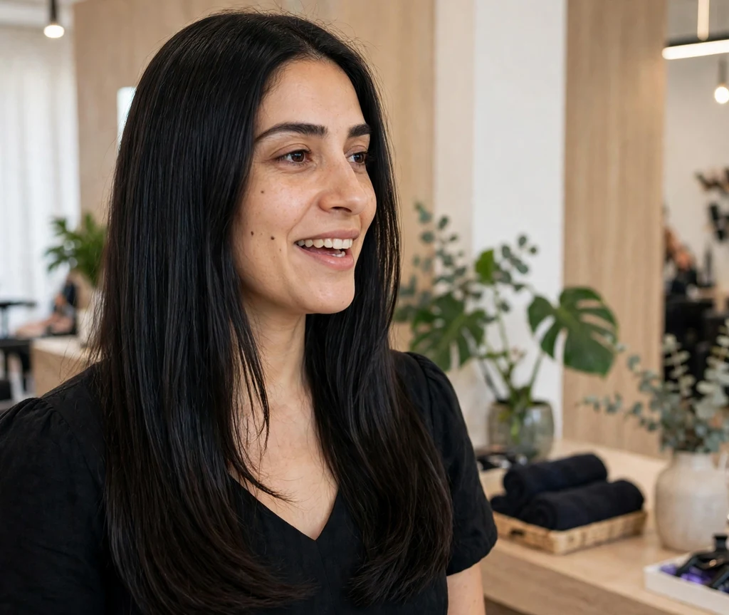 Middle Eastern woman in her early 30s with a long one-length cut with hidden layers at a salon event