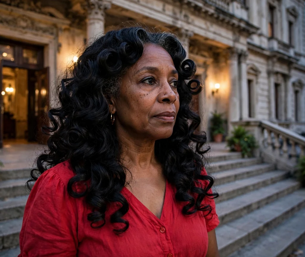 Black woman in her late 50s with long big roller-set curls on concert hall steps
