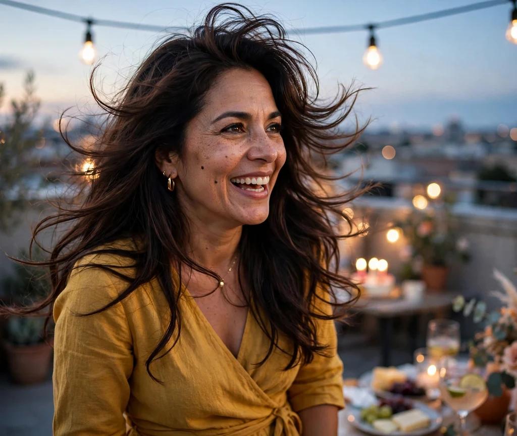 Latina woman in her mid 40s with a long feathered blowout at a rooftop party