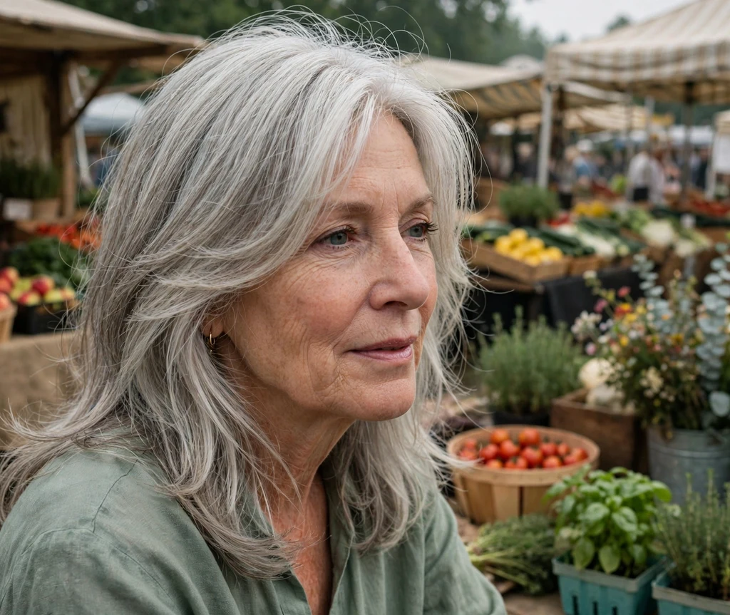 Woman in her early 60s with long layers and wispy silver face-framing pieces at a farmers market
