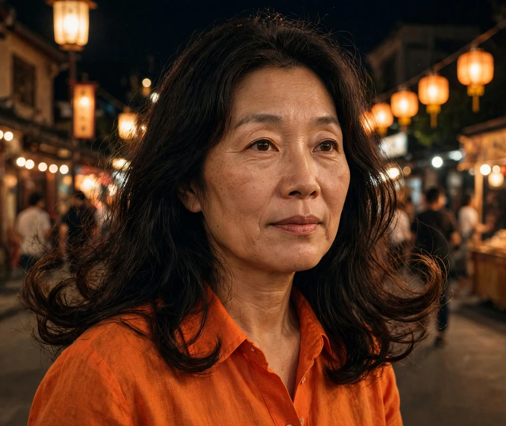 East Asian woman in her late 40s with long hair with bouncy textured flip ends at a lantern festival