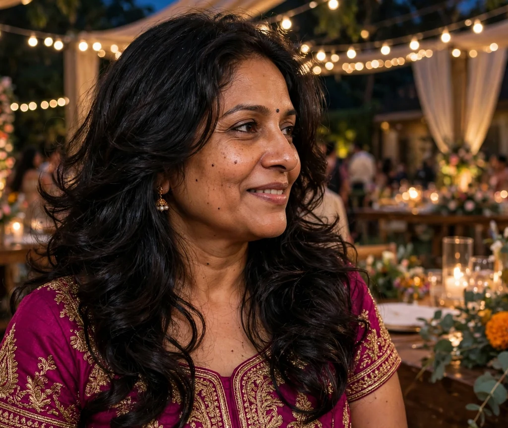 South Asian woman in her mid 40s with long shiny voluminous layers at a wedding reception