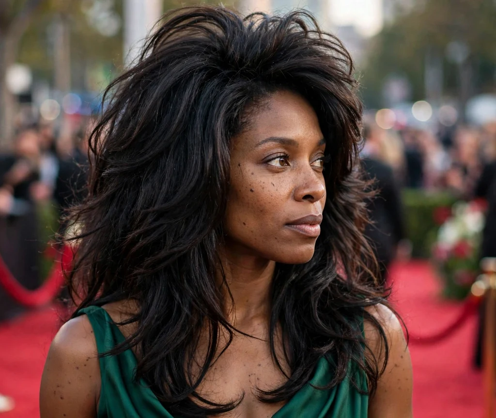 Black woman in her mid 30s with long layered hair with double-crown volume on a red carpet