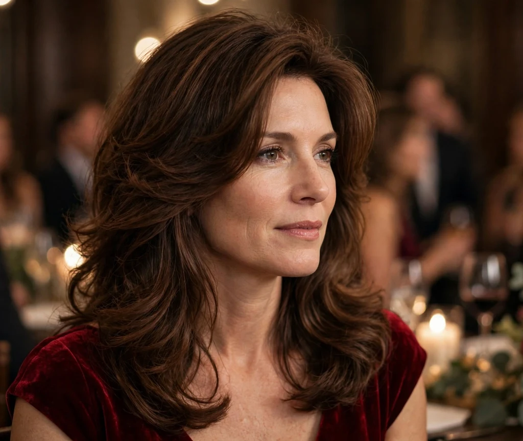 Woman in her mid 40s with a soft salon blowout on long chocolate-brown layers at a cocktail party
