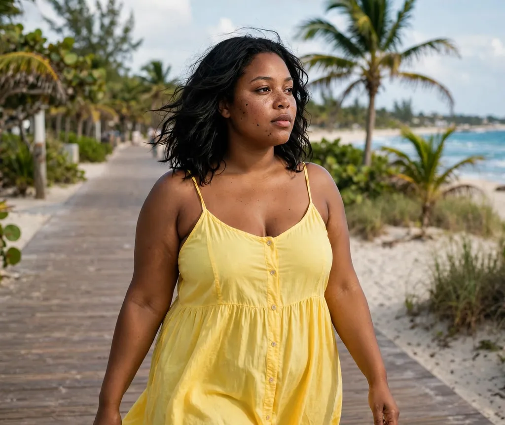 Plus-size Black woman with shoulder-length beachy waves in a yellow sundress on a boardwalk