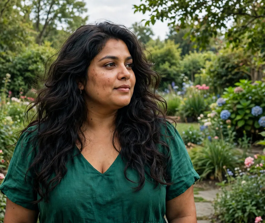 Plus-size South Asian woman with voluminous long layered waves in a garden
